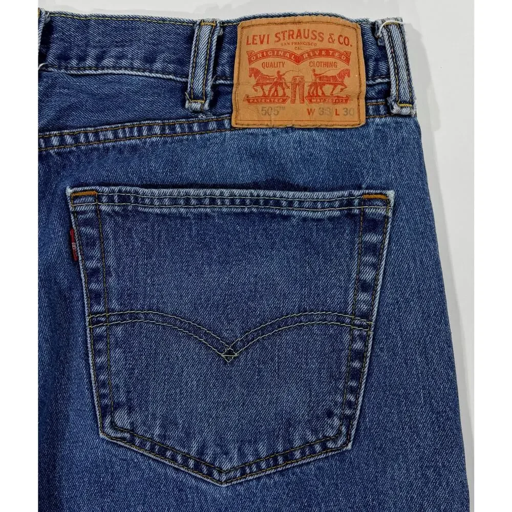 Levi's 505 Jeans Men's 38x30 Reg Fit Straight Leg Medium Wash Blue 100%‎ Cotton